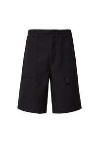 Black cargo shorts made from sturdy fabric, featuring multiple pockets, a relaxed fit, and a button closure at the waist.