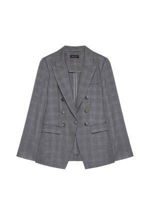 Grijze dubbele-breasted geruite blazer met zes knopen, brede revers en twee voorflapzakken, plat gepresenteerd op een witte achtergrond.
