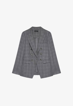 Šedý kostkovaný blejzr s dvojitým zapínáním, šesti knoflíky, širokými klopami a dvěma předními kapsami s klopami, vyložený na bílé pozadí.