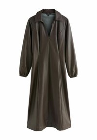 Hnedé umelé kožené šaty s výstrihom do V, dlh�ými puff rukávmi a elegantným golierom; obsahujú detailné švy a voľný strih.