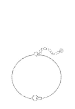 Braccialetto delicato in argento con due anelli intrecciati e chiusura regolabile con estensione a catena e piccolo ciondolo a disco.