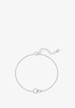 Zarter silberner Kettenarmband mit zwei ineinandergreifenden Ringen und verstellbarem Verschluss mit Kettenverlängerung und kleinem Scheibenanhänger.