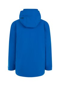 Blaue wasserdichte Jacke mit Kapuze, featuring eine glatte Textur, geraden Schnitt und einem Logo auf dem Rücken. Keine sichtbaren Verschlüsse oder Taschen.