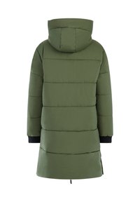 Olijfgroene, gevoerde parka met een capuchon. Heeft horizontale stiksels en elastische manchetten. Langere lengte met een rechte snit.