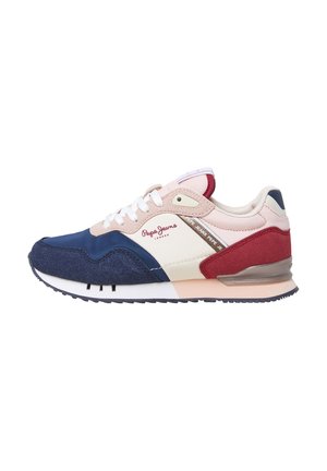 Zapatilla baja Pepe Jeans con bloques de color azul marino, crema, rosa y rojo, cordones blancos y suela de goma vista de lado.