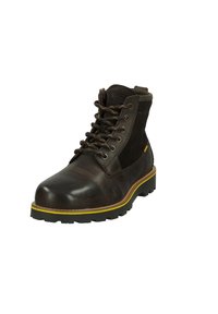 Brown leather ankle boot with a rounded toe, yellow rubber sole, and lace-up front. Features textured side panel and stitching accents.