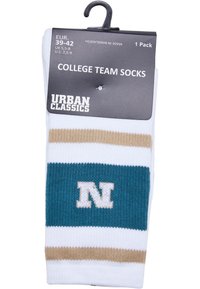 Vita strumpor med teal- och beige-randningar, med en teal-sektion som har en vit "N"-logotyp. Packeterade med ett svart header-kort.