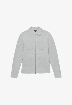 Grå zip-up jakke lavet af strikket stof, med krave, to forreste lommeplader og ribbet tekstur på lommeklapperne.