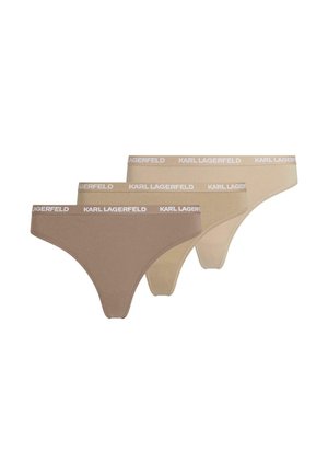 Drie damesbikini-onderbroeken in bruine en beige tinten, elk met een witte tailleband met de merknaam "KARL LAGERFELD".