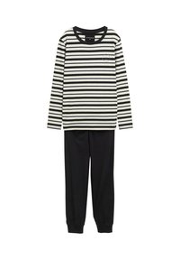 Gestreiftes Langarmshirt in Creme und Schwarz, kombiniert mit einfarbigen schwarzen Hosen. Verfügt über einen runden Halsausschnitt und elastische Bündchen. Bequeme Passform.