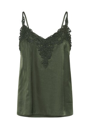 Camisola verde oliva con spalline regolabili e dettagli in pizzo intricati lungo il collo, caratterizzata da una consistenza liscia e satinata.