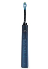 spazzolino elettrico Philips Sonicare di colore blu scuro con un design slim, dotato di un testa del pennello vibrante, pulsante di accensione e diverse impostazioni di indicatori.