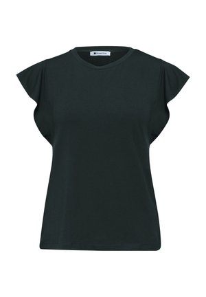 Czarna bluzka z krótkim rękawem, falbaniastymi rękawami, okrągłym dekoltem oraz metką wszytą wewnątrz kołnierza z napisem „Street One.”