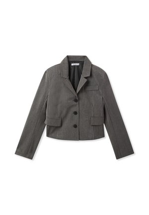Blazer grigio corto con colletto a rever, tasche anteriori a pattina e tre bottoni neri. Realizzato in tessuto testurizzato con un design sartoriale.