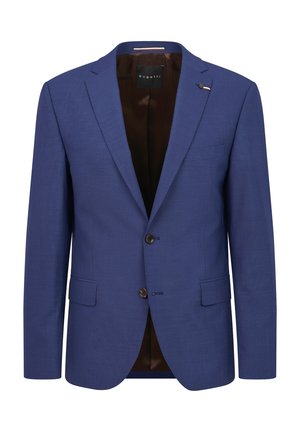 Blue blazer made of textured fabric, featuring a notched lapel, two buttons, and a brown satin interior. Includes a subtle logo accent.