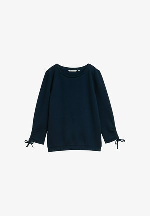 Navy zilā teksturēta garu piedurkņu blūze ar apaļu izgriezumu un maziem sasietiem ziediem piedurkņu galos.