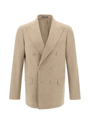 Blazer beige croisé avec revers à pointe, six boutons, deux poches avant à rabat et une poche poitrine, en tissu texturé.