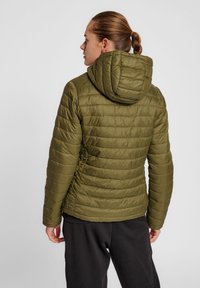 Olivgrüne, puffy Jacke mit Kapuze, ausgestattet mit einem gesteppten Design und elastischen Bündchen. Glatte Textur, leichte Isolierung für Wärme.