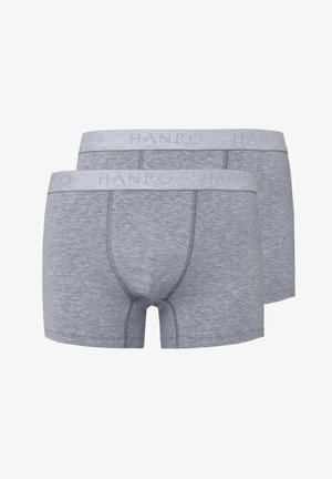 Boxers en coton gris avec une ceinture élastique douce, arborant le nom de la marque "HANRO" subtilement embossé, et une coupe ajustée.