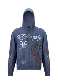 Blue zip-up hoodie made of cotton, featuring a large white logo and intricate multi-colored tattoo-style graphics of a snake and octopus.