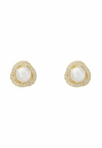 Gold stud earrings featuring a central white pearl surrounded by a ring of small clear stones, creating a rounded and textured design.
