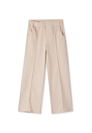 Pantaloni beige a gamba ampia con un motivo testurizzato, caratterizzati da una vita alta e tasche frontali. Il materiale ha un aspetto morbido e tessuto.