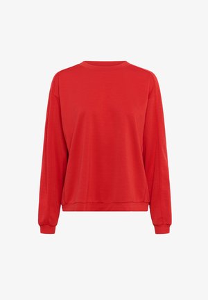 Rdeča dukserica iz gladkega materiala, z okroglo odprtino za vrat, dolgimi rokavi in sproščenim krojem, z rebrastimi manšetami in robom.