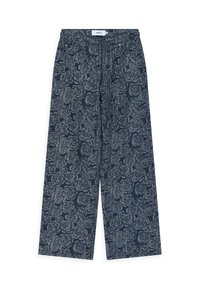 Vida jeans med vida ben i mörkblått tyg med ett grått rosymönster. Har resårmidja och fickor, samt en slät yta.