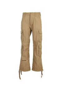 Khaki cargo byxor med flera sidofickor, dragsko i bensluten och en lös passform. Tillverkade av slitstark tyg med en mjuk textur.