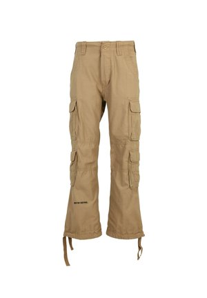 Khaki cargo püksid mitme k üljetaskuga, nööriga varrukad ja avar lõige. Valmistatud vastupidavast kangast, millel on sile tekstuur.