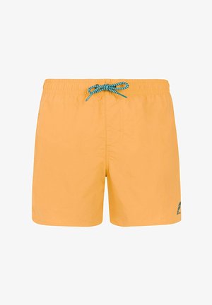 Žute muške kupaće hlače s elastičnim pojasom, plavom uzorkovanom vezicom i malim logotipom na lijevoj nozi.