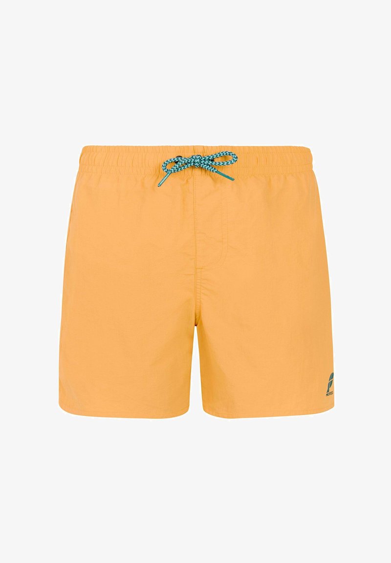 Shorts de bain pour hommes jaunes avec taille élastique, cordon de serrage bleu à motifs et petit logo sur la jambe gauche.