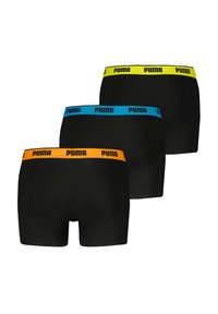 Tres pares de bóxers negros con cinturillas de colores en naranja, azul y amarillo, con el logo de PUMA en cada banda.