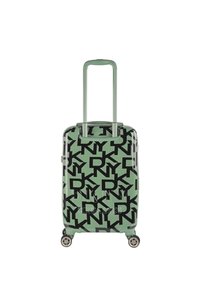Maleta verde de concha dura con acabado brillante, que presenta un patrón repetido del logo negro "DKNY", manija extensible y cuatro ruedas.