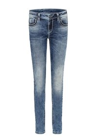 Blaue Denim-Skinny-Jeans mit einem ausgebleichten Finish, fünf Taschen und kontrastierenden Nahtdetails an den Kanten. Slimgeschnittenes Design.