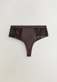 Sötétbarna tangapánt, virágmintás csipke oldalpanellel. Sima szövettextúra, alacsony derékú dizájn.