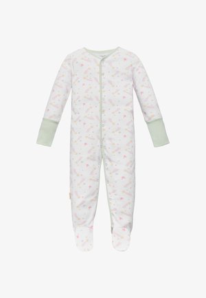 Body de bebé colorido en suave algodón, con una base blanca y patrones de arcoíris pastel y estrellas, puños en verde menta y cierre de broche en la parte delantera.