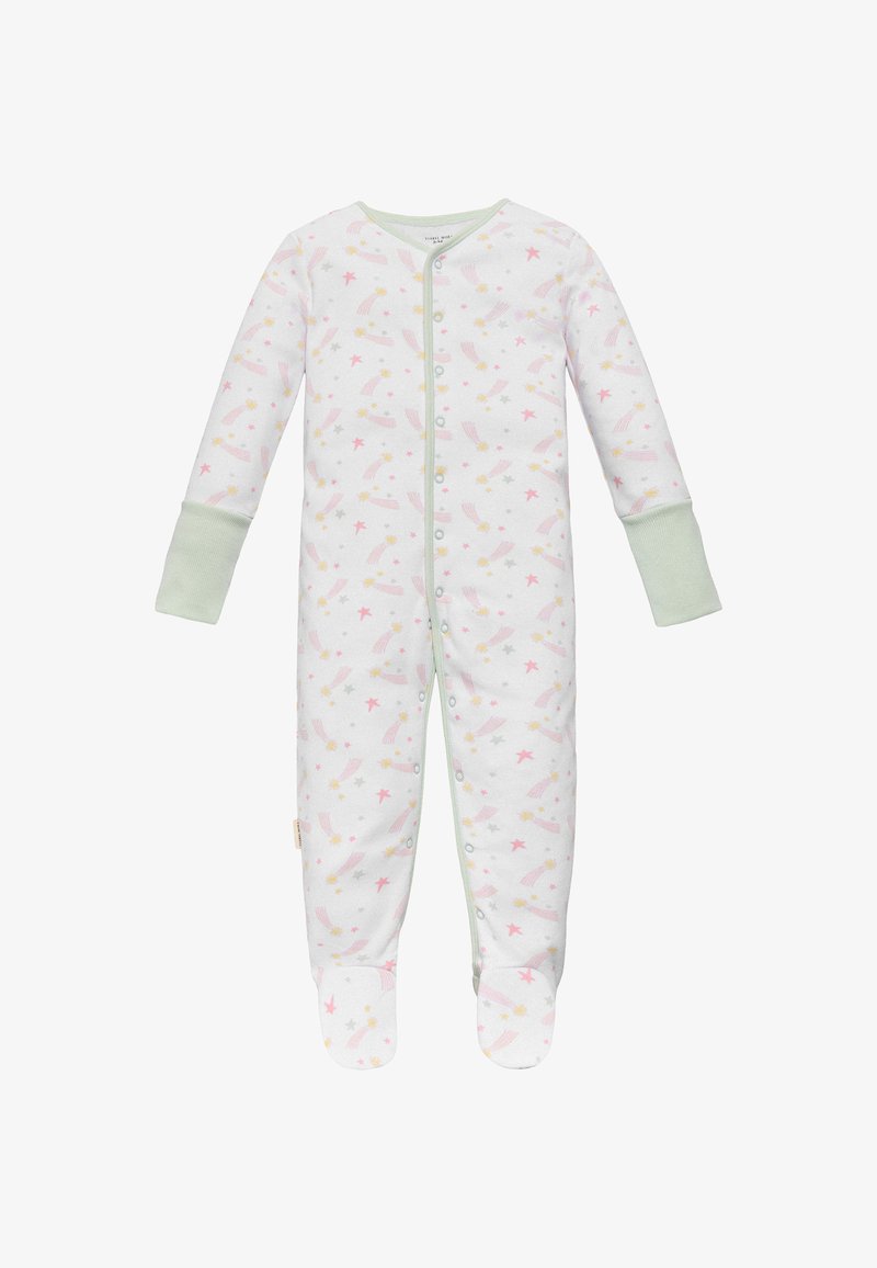 Body de bebé colorido en suave algodón, con una base blanca y patrones de arcoíris pastel y estrellas, puños en verde menta y cierre de broche en la parte delantera.