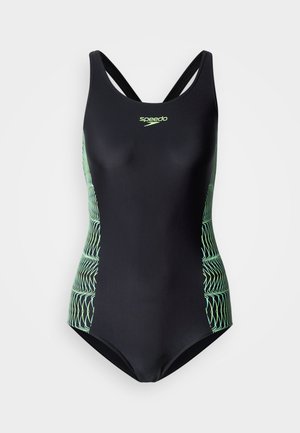 Czarny jednoczęściowy kostium kąpielowy z zielonymi akcentami w geometryczny wzór po bokach oraz logo Speedo. Posiada krój racerback dla lepszego wsparcia.
