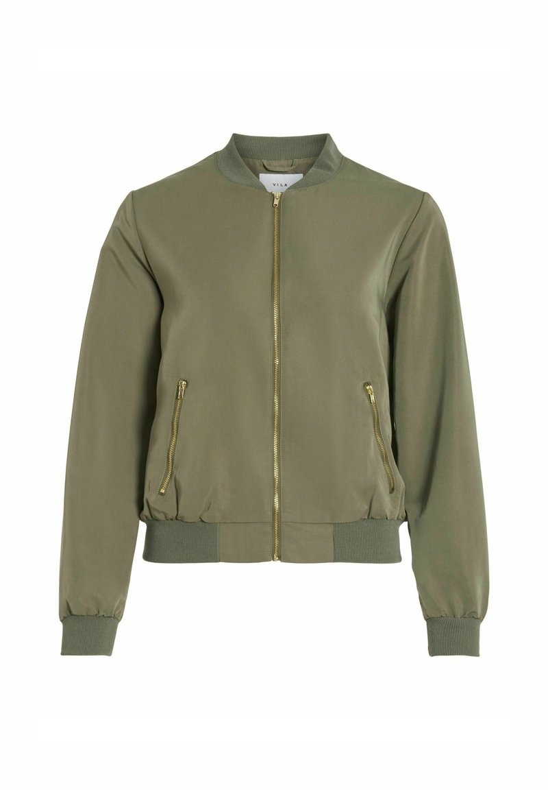 Olivgrüne Bomberjacke aus glattem Stoff, mit einem Reißverschluss vorne, zwei seitlichen Taschen mit goldenen Reißverschlüssen und gerippten Bündchen sowie Saum.