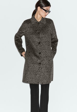 Leopard print coat in gray and black, featuring a collar, front buttons, long sleeves, and two side pockets. Smooth texture.