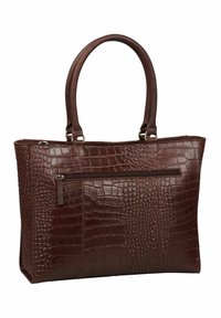 Sac fourre-tout en simili-crocodile marron avec deux poignées, une poche frontale zippée et une forme rectangulaire structurée. Texture en cuir lisse.