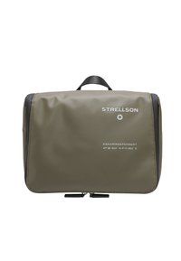 Valigia da viaggio verde oliva realizzata in materiale resistente, con chiusura a zip, maniglia superiore e marchio STRELLSON, caratterizzata da coordinate stampate.