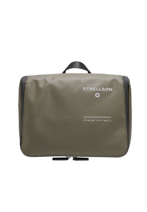 Olive green travel case made of durable material with a zip closure, top handle, and STRELLSON branding, featuring printed coordinates.
