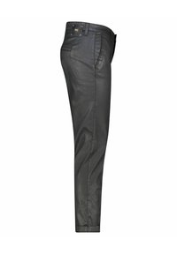 Schmal geschnittene schwarze Hose mit glatter Textur, ausgestattet mit einem Standardbund, seitlichen Taschen und einer Gesäßtasche mit Logodetail.
