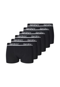 Boxer shorts neri in cotone con una vita elasticizzata che mostra la scritta "SKINY" in lettere bianche, confezionati in un pacco da sei.