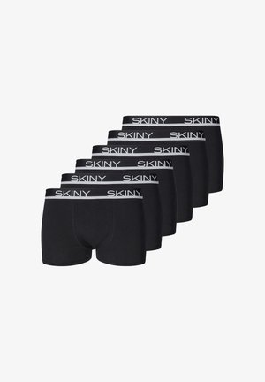 Boxer shorts neri in cotone con una vita elasticizzata che mostra la scritta "SKINY" in lettere bianche, confezionati in un pacco da sei.