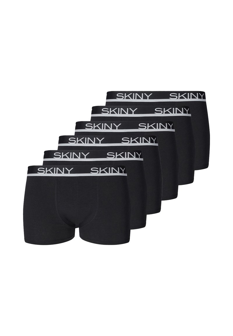 Boxer shorts neri in cotone con una vita elasticizzata che mostra la scritta "SKINY" in lettere bianche, confezionati in un pacco da sei.