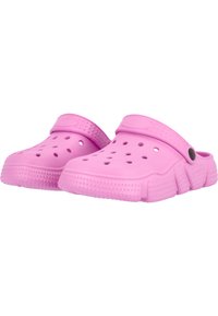 Rosa Clogs aus leichtem Kunststoff, mit Belüftungsöffnungen, einem Riemen an der Rückseite, einer strukturierten Sohle und einem erhöhten Rand für Stabilität.
