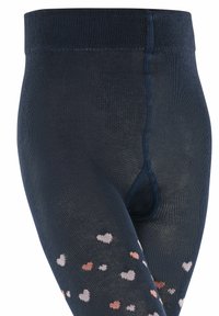 Dunkelblaue Strumpfhosen mit glatter Textur und elastischem Bund, versehen mit einem Muster aus kleinen Herzen in Pink und Weiß.